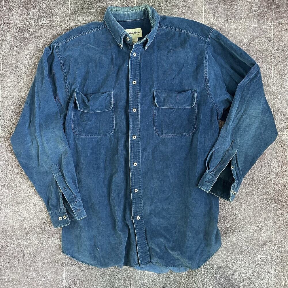 Men's Vintage Eddie Bauer Navy Blue Corduroy Button Up Shirt Shacket Jacket Sz L